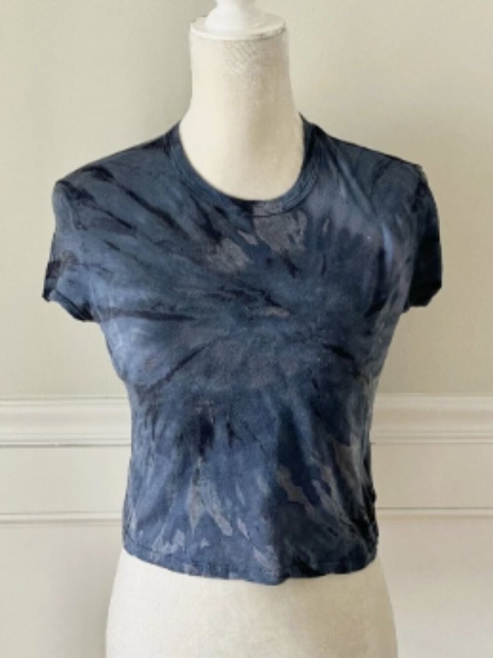RtA Dark Tie Dye Cropped Cotton Cashmere Tee Top Blue Black Size M